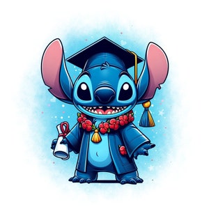 Diseño de graduación de Stitch, linda imagen prediseñada de Stitch, graduación escolar, personaje de Lilo y Stitch, descarga instantánea