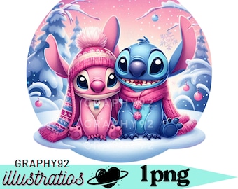 Stitch and angel winter design, Stitch and angel png clipart, lilo and stitch character, instant download