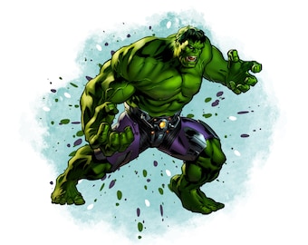 May include: Illustration of the Hulk, a green-skinned superhero, in a dynamic pose. He is wearing purple shorts and a metallic belt. The background features a light blue watercolor effect with green and purple paint splatters.