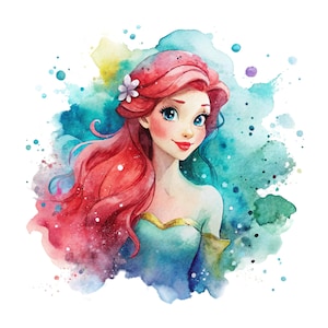 Princess ariel hand drawn, Princess ariel png, the little mermaid png, watercolor background, instant download