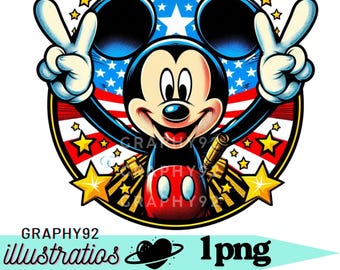 May include: A cartoon illustration of Mickey Mouse giving a peace sign, set against a backdrop of the American flag. The design includes stars, stripes, and the text "GRAPHY92 illustrations 1png."