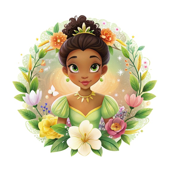 Diseño floral de la princesa Tiana, imágenes prediseñadas de Tiana, La  princesa y el sapo, descarga instantánea