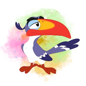 Könnte beinhalten: Cartoon-Illustration eines Tukan mit großem rotem Schnabel, gelben und orangen Akzenten sowie blauen und weißen Federn. Der Vogel hat einen leicht skeptischen Gesichtsausdruck. Der Hintergrund zeigt eine Aquarellwaschung in Rosa, Grün und Gelb.