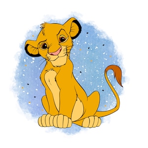 May include: Illustration of a young lion cub with yellow fur, sitting and looking to the side. The cub has a pink nose and a brown tail. The background is a blue watercolour wash with white and gold speckles.