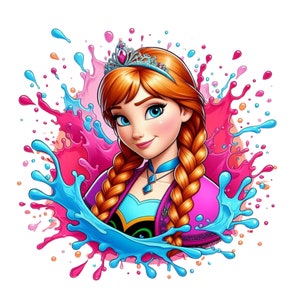 May include: A cartoon illustration of a young woman with long red hair in braids, wearing a blue and green dress with a pink jacket. She is wearing a crown and is surrounded by blue and pink paint splatters.