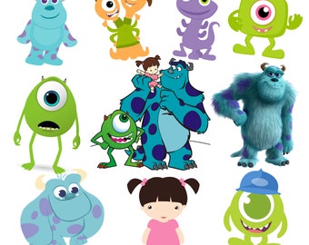 May include: A collection of cartoon monsters from the movie Monsters Inc. The characters include Sully, Mike, Boo, and Randall. The characters are all green, blue, and purple.