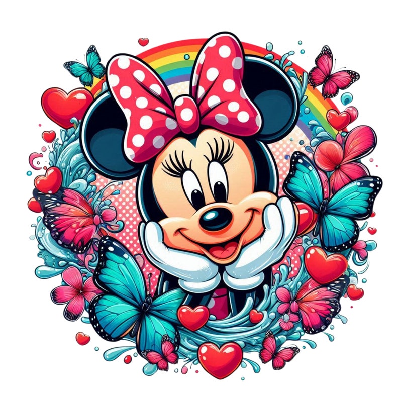 May include: A cartoon illustration of Minnie Mouse with a red bow and polka dots. She is surrounded by colourful butterflies, hearts, and flowers. The background is a rainbow with a white polka dot pattern.