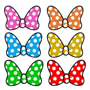 May include: Six colorful polka dot bows in pink, orange, blue, yellow, green, and red. Each bow has a white polka dot pattern and a black outline. The bows are arranged in two rows of three.