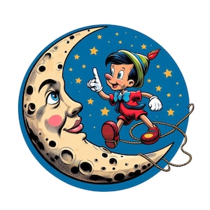 Pinocchio on the moon, Pinocchio png clipart, cute pinocchio image, instant download