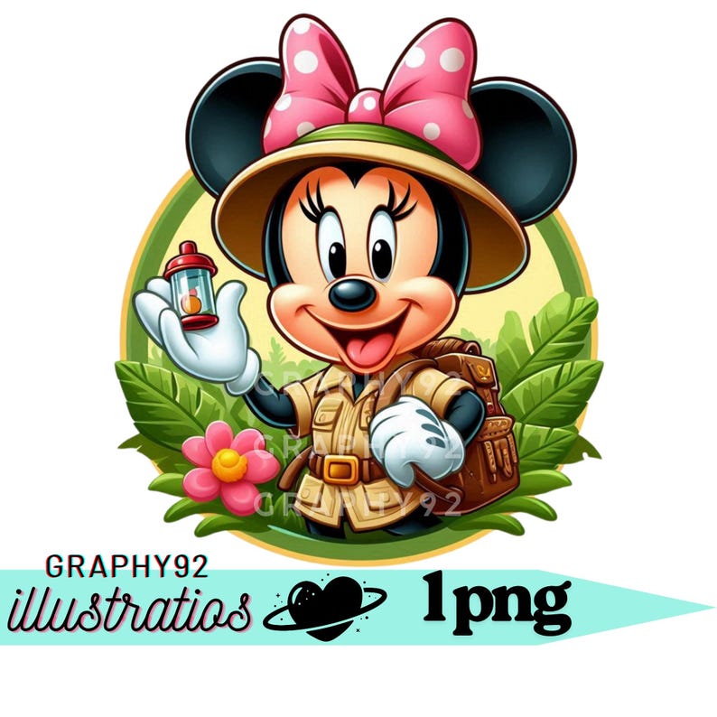 Disegno safari di Minnie Mouse, clipart png di Minnie Mouse, compleanno di Minnie, Minnie Mouse carina, download immediato immagine 1