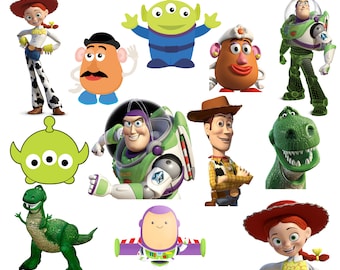 May include: A collection of animated character illustrations from the Toy Story franchise. Characters include Woody, Buzz Lightyear, Jessie, Rex, Mr. Potato Head, Mrs. Potato Head, and the Little Green Men. Each character is depicted in its signature style.