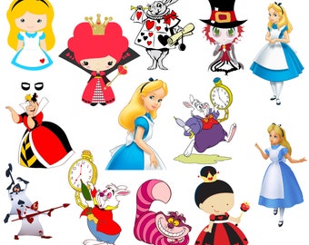 Peut inclure: Une collection de personnages d'Alice au pays des merveilles, dont Alice, la Reine de Cœur, le Chapelier Fou, le Chat du Cheshire et le Lapin Blanc. Les personnages sont illustrés dans un style cartoon et sont colorés et fantaisistes.