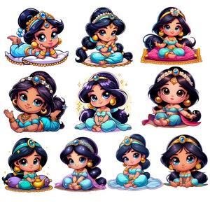 May include: A set of ten cartoon illustrations of a princess character with dark hair, blue eyes, and a blue and gold outfit. The princess is depicted in various poses, including sitting, standing, and holding a lamp.
