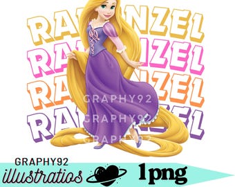 May include: Illustration of a cartoon character with long blonde hair, wearing a purple dress with pink and white accents. The word "Rapunzel" is repeated in the background in orange and pink. The image includes the text "GRAPHY92 illustratios 1png".