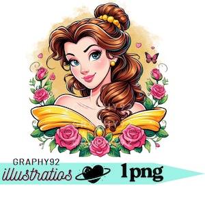 Disegno floreale della principessa Belle, clipart png della principessa Belle, png della bella e la bestia, sfondo acquerello, download immediato