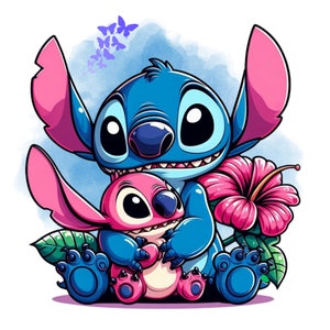 Stitch and angel watercolor background, Stitch and angel png clipart, lilo and stitch characters, cute stitch, instant download