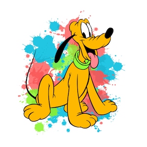 Könnte beinhalten: Cartoon-Illustration von Pluto, einem gelben Hund mit schwarzen Ohren und Nase, der einen grünen Kragen trägt. Der Hund lächelt mit herausgestreckter Zunge, vor einem Hintergrund aus farbenfrohen Farbspritzern in Rot, Blau und Grün.