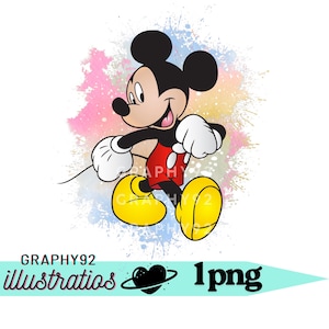 Peut inclure: Illustration de Mickey Mouse en mouvement, sur fond coloré façon aquarelle. Il porte un short rouge, des chaussures jaunes et des gants blancs, avec une expression souriante. Le texte "GRAPH92 illustratios 1png" est inclus.