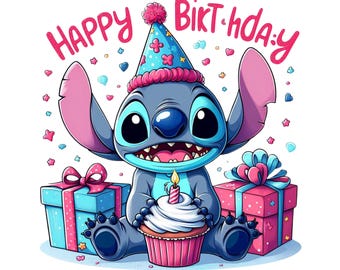 Stitch birthday design, stitch png clipart, stitch birthday png, lilo and stitch character, instant download