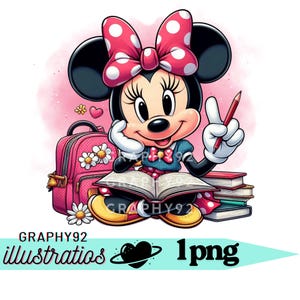May include: A cartoon illustration of Minnie Mouse wearing a polka dot bow, dress, and shoes, holding a pencil and sitting in front of an open book. A pink backpack with daisy accents and a stack of books are also visible.