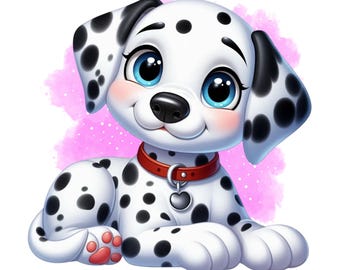 May include: A cartoon Dalmatian puppy with black spots on a white background. The puppy has big blue eyes and is wearing a red collar with a heart-shaped tag.