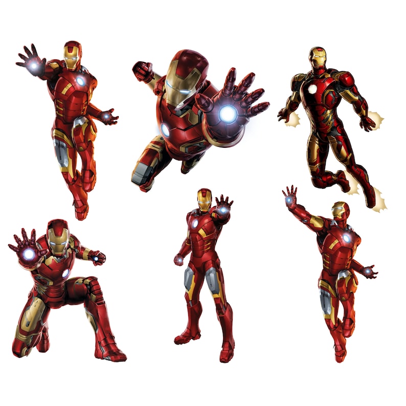 K&ouml;nnte beinhalten: Sechs Actionfiguren von Iron Man in verschiedenen Posen. Die Figuren sind alle rot und gold und haben eine metallische Oberfl&auml;che. Sie tragen alle den gleichen Anzug, der eine rote Brustplatte, goldene Arme und Beine und einen roten Helm mit goldenem Visier hat.