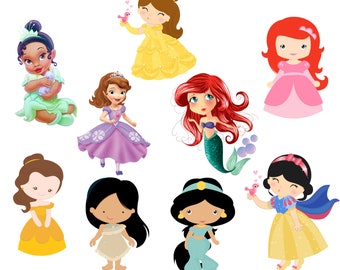 Bundle png bébé princesse, tous les cliparts bébé princesses, princesse tiana, belle, ariel, blanche comme neige, téléchargement immédiat