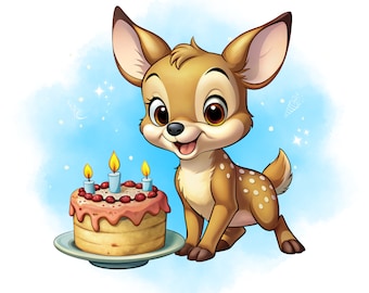 May include: A cartoon fawn with brown and white spots stands next to a pink and white birthday cake with three lit candles. The cake is on a white plate.