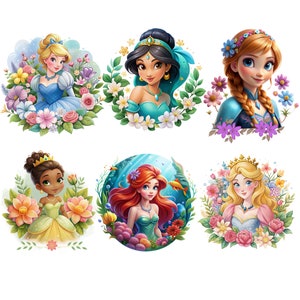 Paquete de imágenes prediseñadas de princesas, imágenes prediseñadas de princesas, todas las princesas, diseño floral de princesas, Ariel, Tiana, Anna, Aurora, Cenicienta, Jazmín