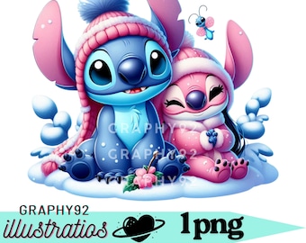 スティッチとエンジェルのPNGクリップアート、スティッチエンジェルの冬、リロとスティッチのキャラクター、かわいいスティッチのPNG、即時ダウンロード
