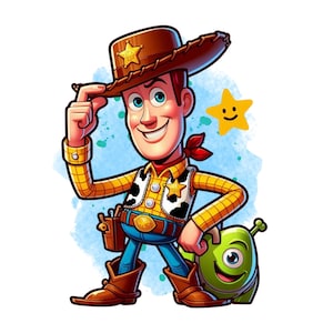 May include: A cartoon illustration of Woody from Toy Story, wearing his signature cowboy hat and vest. He is smiling and holding his hat with his right hand. A green alien character is standing behind him.
