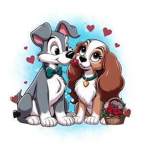 lady and the tramp png clipart, watercolor background, cute dogs, lady png, the tramp png, instant download