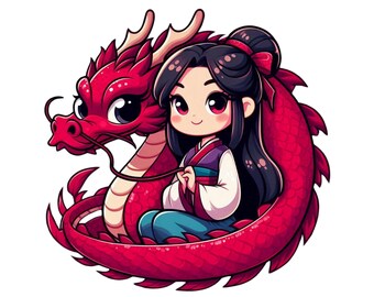 Prinses mulan en mushu png clipart, schattige mulan, draak mushu, instant download