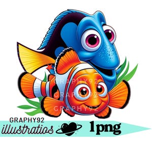 May include: A vibrant illustration of two cartoon fish. One is orange and white, resembling a clownfish, and the other is blue with black accents. The image includes the text "GRAPHY92 illustratios 1png" in a turquoise banner.
