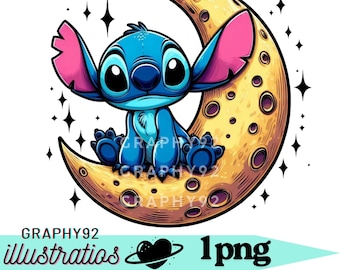 stitch on the moon, stitch png clipart, cute stitch image, lilo and stitch character, instant download
