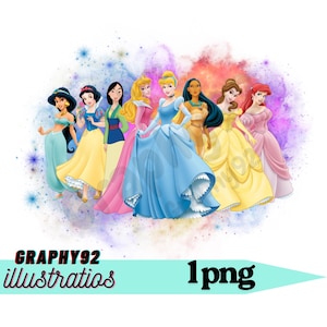 Princesses watercolour background,  Princess png clipart design, Cinderella, ariel, aurora, instant download