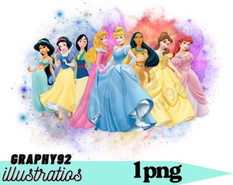 Princesses watercolour background,  Princess png clipart design, Cinderella, ariel, aurora, instant download