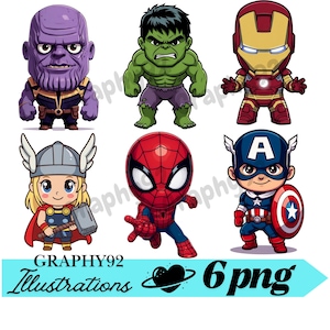 May include: Six cartoon illustrations of Marvel characters, including Thanos, Hulk, Iron Man, Thor, Spider-Man, and Captain America. The characters are in a chibi style with exaggerated features. The image includes the text "GRAPHY92 Illustrations 6 png".