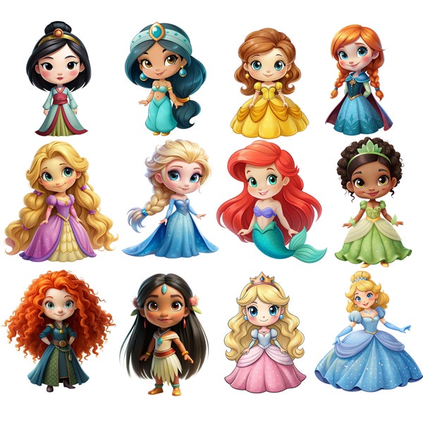 Cute Princess png bundle, all princesses package, Princess clipart, tiana, elsa, rapunzel, ariel, jasmine, cinderella, instant download