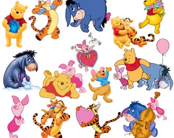 Puede incluir: Una colección de coloridas ilustraciones de dibujos animados con Winnie the Pooh y sus amigos. Los personajes, incluyendo Winnie the Pooh, Tigger, Eeyore, Piglet y Roo, se muestran en varias poses, algunos sosteniendo regalos o globos.