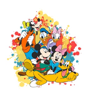 May include: A cartoon illustration of Mickey Mouse, Minnie Mouse, Donald Duck, Daisy Duck, Goofy, and Pluto. The characters are set against a backdrop of colourful paint splatters in red, yellow, and blue. The image has a cartoon style.