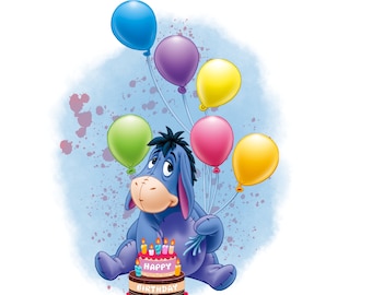Eeyore birthday watercolor background,  eeyore png clipart, Winnie the pooh character,  instant download