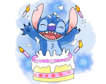 Stitch watercolour background,  Stitch birthday png clipart, Lilo and stitch png, instant download