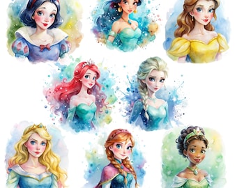 Lot princesse png, aquarelle de toutes les princesses, clipart princesse, tiana, elsa, anna, ariel, jasmin, aurore, téléchargement immédiat