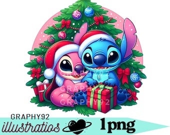 スティッチと天使のクリスマスデザイン、スティッチと天使のPNGクリップアート、リロ＆スティッチのキャラクター、即時ダウンロード