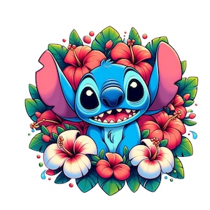 Stitch flower design, Stitch png clipart, stitch hibiscus, cute stitch image, lilo and stitch character, instant download