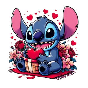 Stitch valentine&#39;s day, Stitch png clipart, cute stitch image, stitch love, stitch flower, lilo and stitch character,  instant download