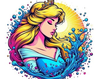 Pode incluir: Uma ilustração digital de uma princesa com cabelo longo e loiro usando um vestido azul e uma coroa. Ela está cercada por respingos de água coloridos.