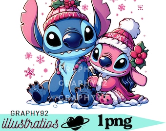 Stitch and angel png clipart, stitch angel winter design, lilo and stitch characters, cute stitch png, instant download