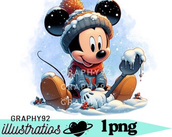 Mickey mouse png clipart, mickey mouse winter, snow, watercolor background, instant download